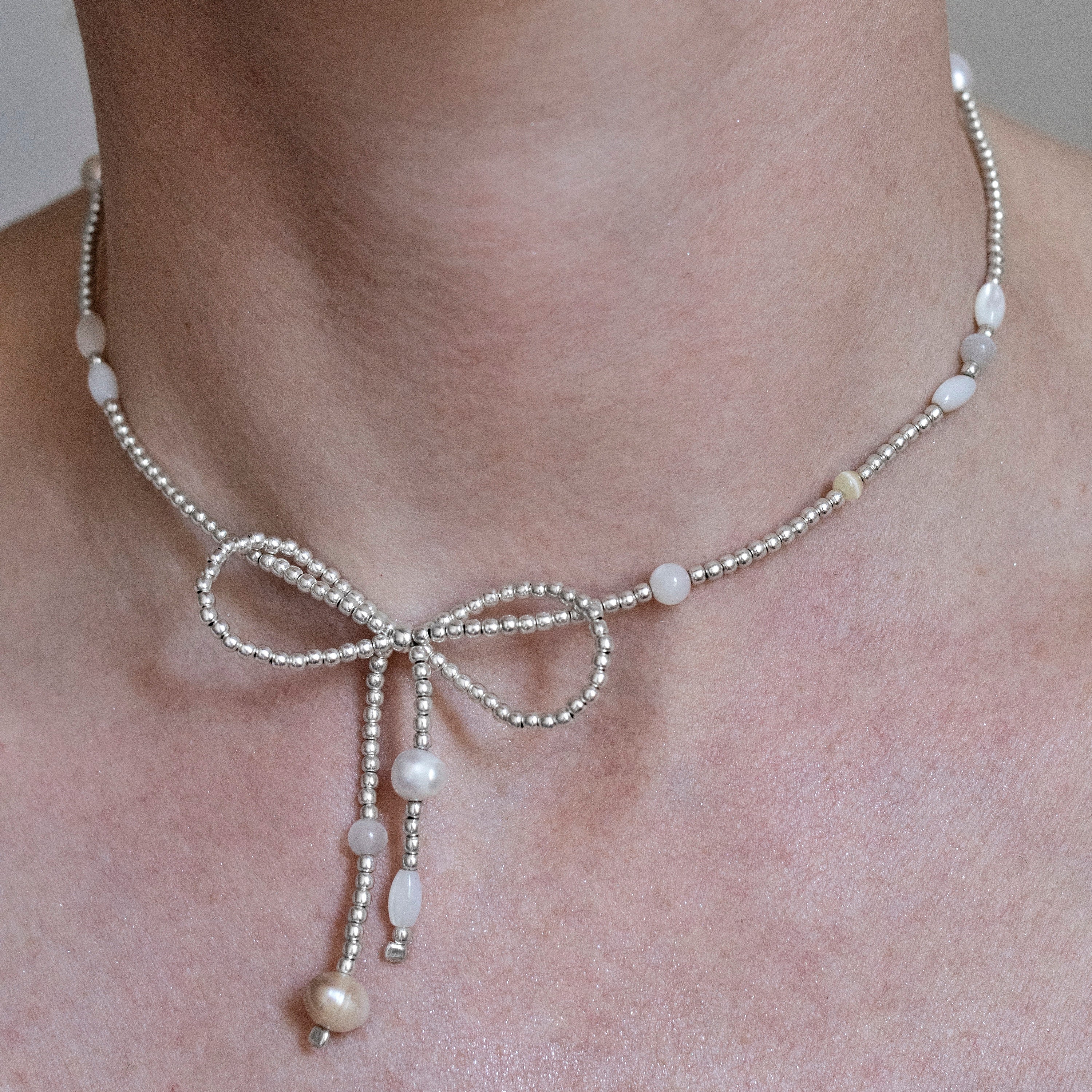 Sterling Silver 925 Bow necklace, Pearls and Natural Gemstones dainty Beaded Chocker, Coquette Jewelry