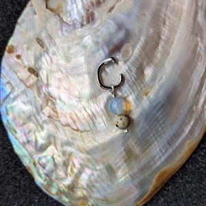 Può includere: Un orecchino a cerchio argentato con due perline pendenti. La perla superiore è un'opale azzurra, e la perla inferiore è una pietra maculata color beige. L'orecchino è posto su uno sfondo perlescente e iridescente.