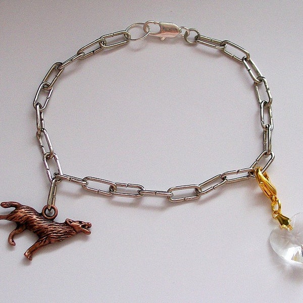 Wolf and Heart bracelet - stainless steel and Swarovski heart - Twilight inspired