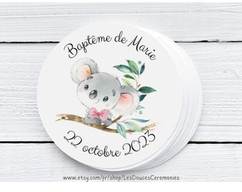 10 Etiquettes dragées baptême rondes personnalisées étiquette fille garçon étiquette   baptême autocollante koala animaux de la forêt KOA001