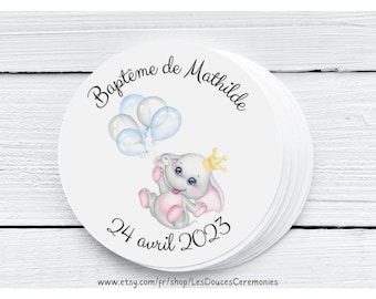 10 Personalized round christening favor tags, girl or boy tags, safari animals, elephant balloon self-adhesive tags