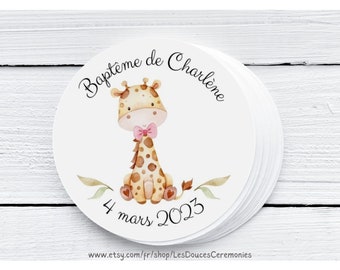 12 Personalized round christening favor tags, girl/boy tags, giraffe sticker tag, safari theme