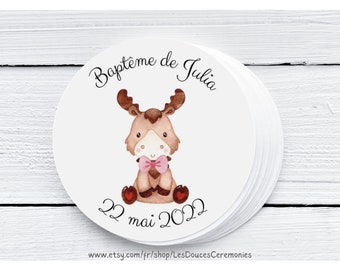 10 personalized round baptism candy labels, girl label, boy label, gender-neutral label, forest animals, reindeer