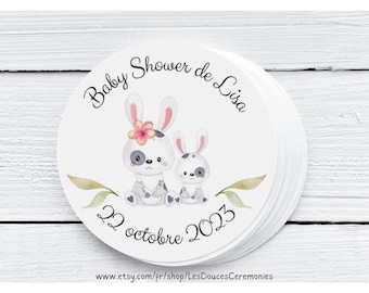 10 personalized round baby shower labels, mom and baby rabbit labels, forest animals, first name rabbit label
