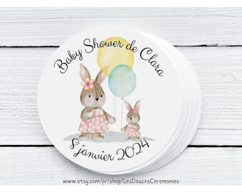 10 personalized round baby shower labels, mom and baby rabbit labels, forest animals, rabbit first name label