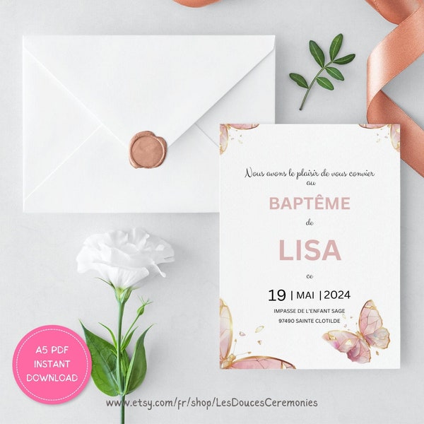 Invitation de baptême, anniversaire papillon rose, invitation baby-shower raffinée invitation délicate papillon | PDF DOWNLOAD personnalisé
