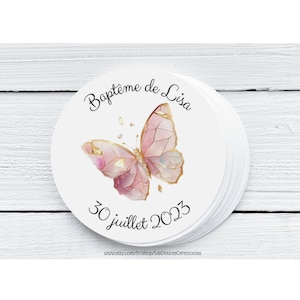 10 etiquetas de bautizo redondas personalizadas Ø 5 cms, etiqueta de bautizo de cartón, etiqueta adhesiva de bautizo mariposa #CRYS04