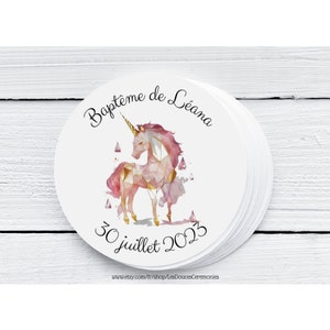 10 etiquetas bautizo redondas personalizadas Ø 5 cms, etiqueta bautizo cartón, etiqueta niña, etiqueta, bautizo unicornio #CRYS20