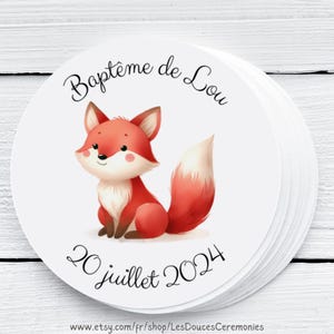 10 Etiquettes baptême rondes personnalisées, autocollante, étiquette garçon fille neutre animaux de la forêt renard, étiquette autocollante