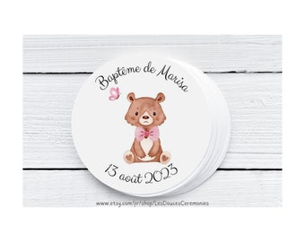 10 Round Ø 5cm Personalized Animal Labels for Baptism, Birth, Children's Party, Self-Adhesive Newborn Label, Bear Baptism
