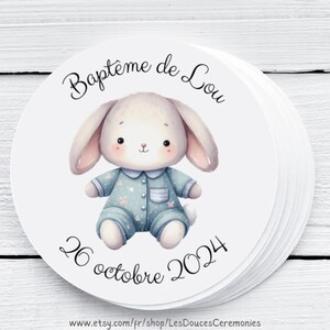 10 etiquetas de bautismo redondas personalizadas, etiqueta de bautismo de cartón, etiqueta adhesiva, etiqueta de conejo, animales del bosque LAPIN01