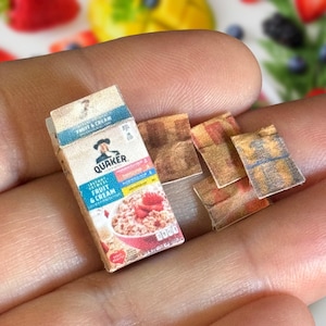 May include: Miniature Quaker Instant Oatmeal Fruit & Cream box and packets. The box is beige with blue and red accents, featuring the Quaker Oats man and a bowl of oatmeal. Several small packets are also visible.