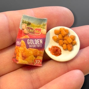 Op de afbeelding: Een miniatuurreplica van een doos Ore-Ida Golden Tater Tots, met een klein bordje tater tots en een rode saus. De doos is rood, wit en paars met de woorden "Ore-Ida" en "Golden Tater Tots" erop gedrukt. Het bordje is wit met een kleine hoeveelheid rode saus in het midden.