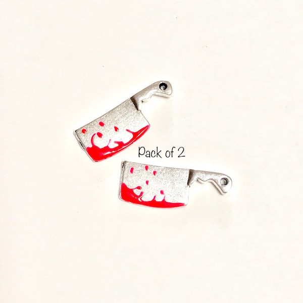 Bloody knife charm- pack of 2- Halloween charm- scary charm- butcher knife charm- knife charm- craft supply- charm bracelet- enamel charm