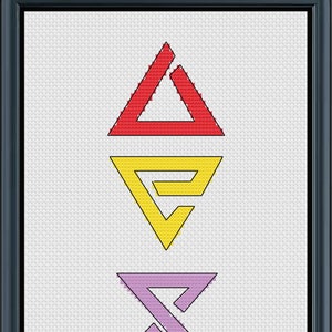 May include: A framed image with four different colored triangles, each with a unique design inside. The triangles are red, yellow, purple, and blue and green.