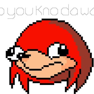 May include: Pixelated image of a red character with a tan face and large white eyes. The character has a distinctive hairstyle and a wide mouth. Above the character, the text reads "Do you kno da wae?" in a pixelated font.