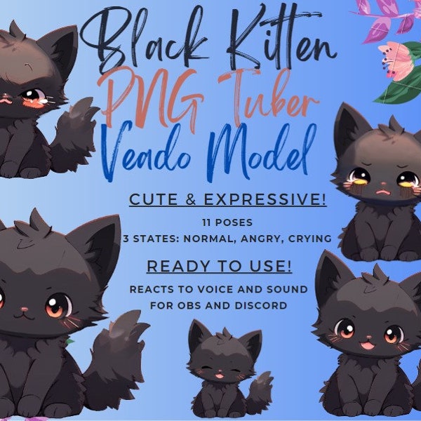 Cartoon Black Kitten PNGTuber | Cute Gaming VTuber Avatar for Streaming | Premade PNG Tuber Kitty Cat Twitch Discord Youtube Streamer model