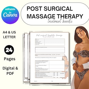 Op de afbeelding: Een downloadbare, afdrukbare digitale versie van een intakeformulier voor klanten met postoperatieve lymfedrainage. Het formulier is in zwart-wit met een lichtgrijze achtergrond. Het formulier heeft de titel "Post Surgical Lymphatic Drainage Client Intake Form".