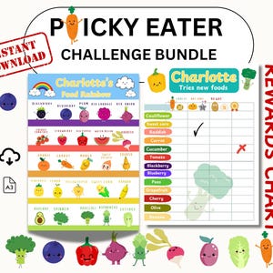 Lot Défi alimentaire Picky Eater, plaisir végétarien : 6 défis et certificats, kit défi végétalien pour enfants, affiches culinaires arc-en-ciel en BONIFICATION pour enfants