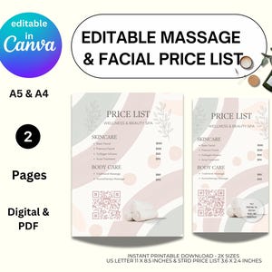 May include: Editable massage and facial price list template in Canva. The template features a pink and grey colour scheme with abstract shapes and a floral design. The text "Price List" is at the top of the page, followed by the words "Wellness & Beauty Spa". The template includes sections for skincare and body care services, with space for pricing. A QR code is included at the bottom of the page.