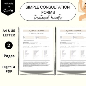 Könnte beinhalten: Zwei druckbare Seiten eines Massagetherapie-Kundenaufnahmeformulars. Das Formular trägt den Titel "Massage Therapy Client Intake Form".