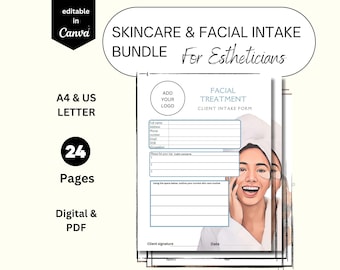 May include: A digital skincare and facial intake bundle for estheticians. The bundle includes a facial treatment client intake form, A4 & US letter sizes, and 24 pages. The design is editable in Canva and available in digital PDF format.