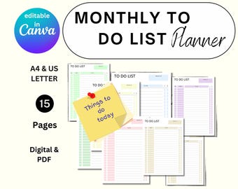 Printable Monthly To-Do List | 15 Colorful Pages | Planner Insert | US Letter & A4 | Task Checklist | Digital Download