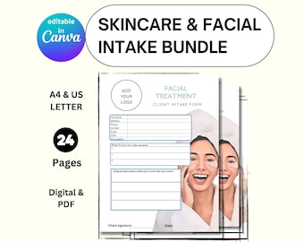 May include: A digital printable bundle of 24 pages for a skincare and facial intake form. The form includes sections for client information, skin concerns, and a signature line. The form is editable in Canva and includes a space to add a logo. The form features a woman with a white towel on her head, smiling and touching her face.