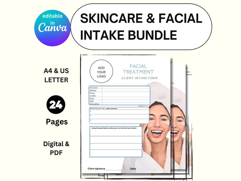 Skin Script Intake Form Editable Esthetician Skin Care Facial Intake Forms Bundle for Skin ...