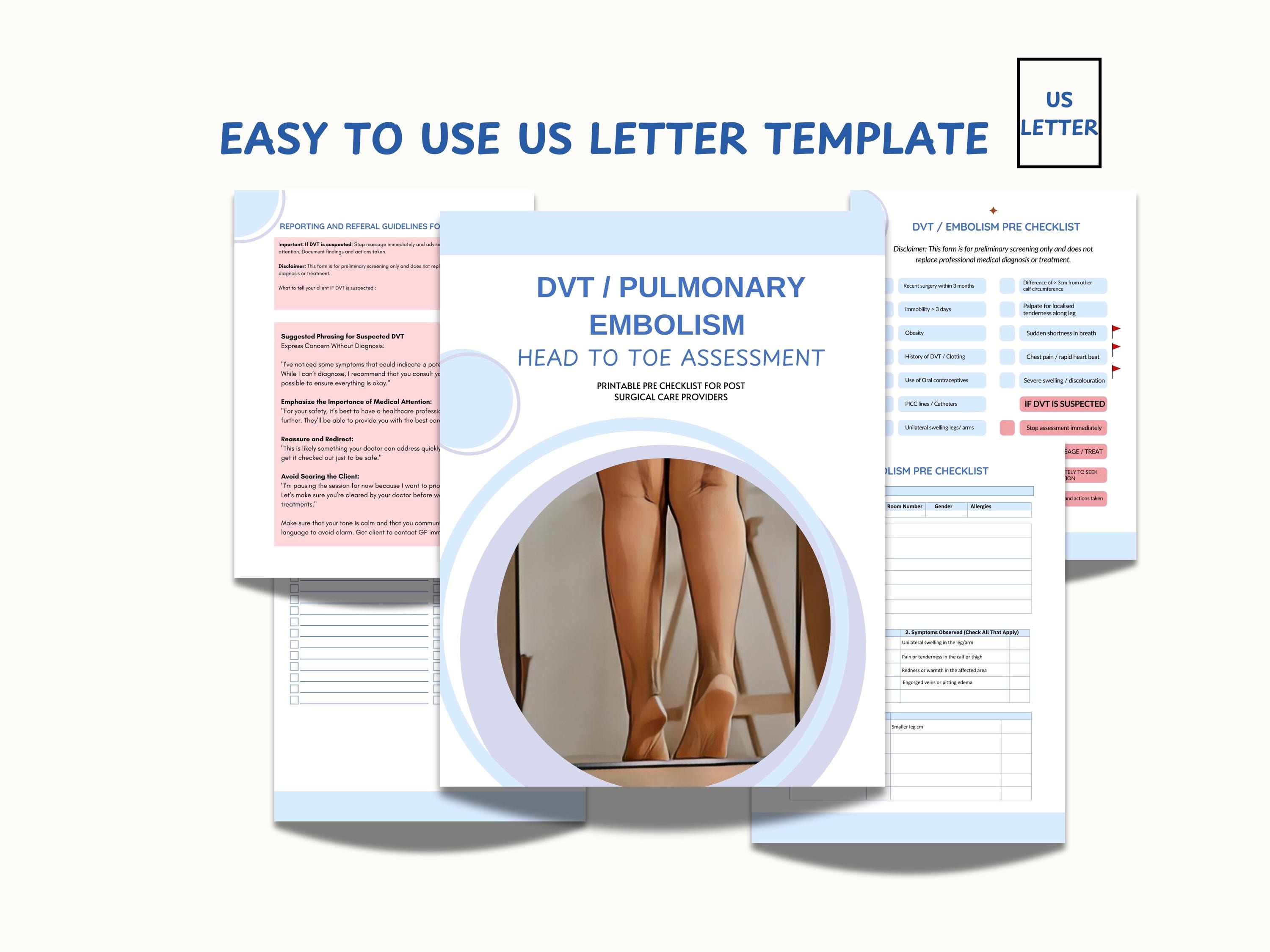 Head-to-toe DVT & Embolism Post-surgical Assessment Forms for Massage ...