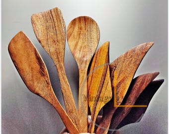 Juego de cucharas y espátulas de madera hechas a mano: utensilios de cocina antiadherentes