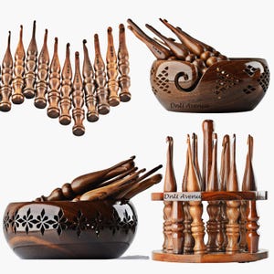 Ergonomic Wooden Crochet Hooks Set Of 13 - Set 3.5-12 mm | Wooden Yarn Bowl, Crochet Hook Holder, Knitting Accessories & Wooden Needle Tools