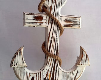 Nautical Wooden White Anchor with Rope | Anchor Wall Art | Wooden Anchor | Vintage Home Decoration Ideas, Beach themed decor,  Memorial Gift