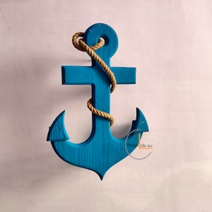 Wooden Blue Anchor with Rope, Nautical Wall Hanging Decor, Vintage Home Decoration Ideas, Beach themed decor | rustic anchor| coastal anchor