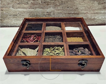Wooden Masala Spice Box: 9-Section Kitchen Organizer with Glass Top