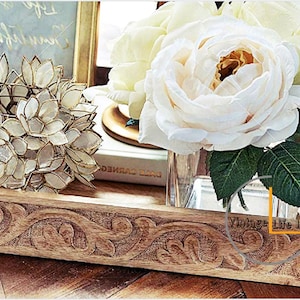 Handcrafted Mango Wood Decorative Serving Tray – Floral Carved Coffee Table Tray - Kitchen Platter - Rustic Home Accent - Hand carved Tray