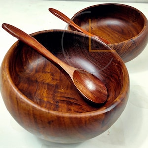 Handmade Sheesham Wooden Bowl Set with Spoons – Eco-Friendly Rustic Salad, Soup & Serving Bowls | Perfect Vegan Kitchen Gift