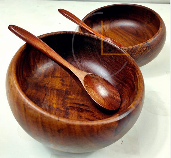 Handmade Sheesham Wooden Bowl Set with Spoons: Rustic Vegan Kitchen