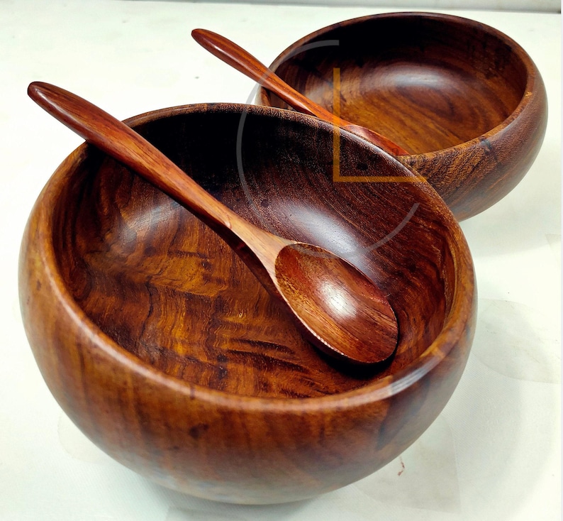 Handmade Sheesham Wooden Bowl Set with Spoons – Eco-Friendly Rustic Salad, Soup & Serving Bowls | Perfect Vegan Kitchen Gift