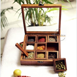 Premium Indian Rosewood Table Top Spice box 8 Inches | 9 Compartment Box/Dry Fruit Box with Glass Top | wood spice box | Dry fruit Box Wood