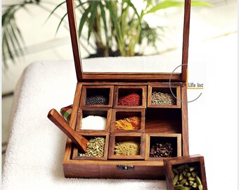 Indian Rosewood Spice Box: 9-Compartment Glass Top Organizer