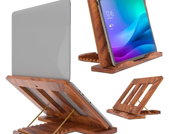 Soporte de madera ajustable para portátil: soporte ergonómico para MacBook y tableta.