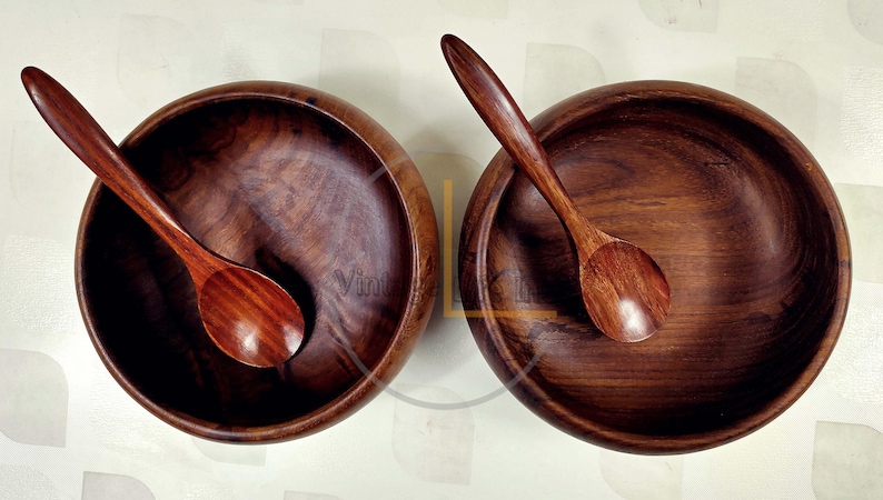 Handmade Sheesham Wooden Bowl Set with Spoons – Eco-Friendly Rustic Salad, Soup & Serving Bowls | Perfect Vegan Kitchen Gift