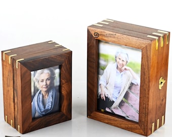 Handmade Wooden Pet Urn with Photo Frame: Brass Inlay Memorial Keepsake