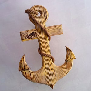 Nautical Wooden Beige Anchor with Rope, Wall Hanging Decor, Vintage Home Decoration Ideas, Beach themed decor, Memorial Gift
