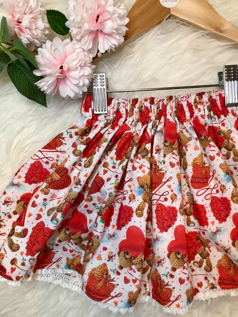 VALENTINE Handmade Skirt, Lace Trim, Floral, White, Red Hearts, Teddy Bear Skirt, Flowers and Love, Girls Skirts, Toddler and Baby image 5