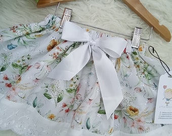Falda FLORAL de acuarela, hecha a mano, falda para niños, ribete inglés, flores de verano