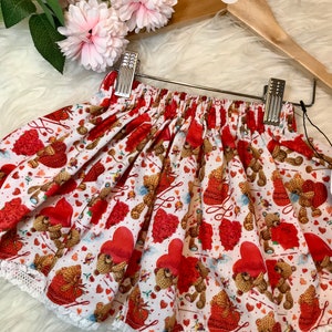 VALENTINE Handmade Skirt, Lace Trim, Floral, White, Red Hearts, Teddy Bear Skirt, Flowers and Love, Girls Skirts, Toddler and Baby image 1