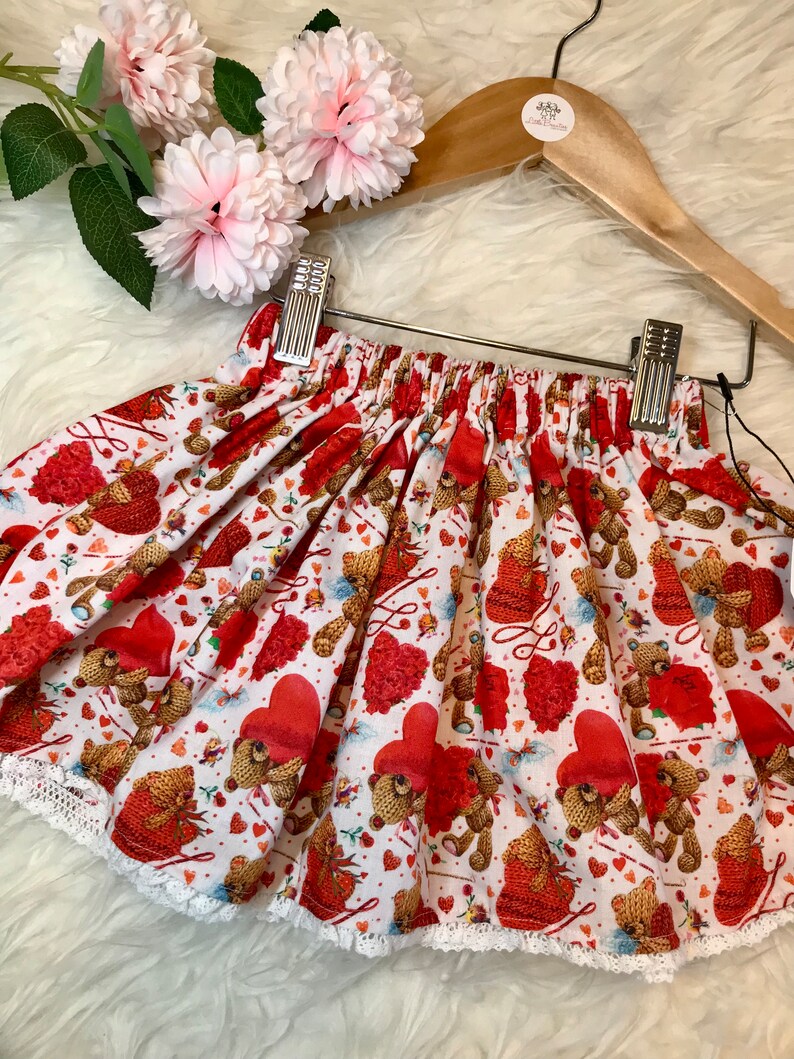 VALENTINE Handmade Skirt, Lace Trim, Floral, White, Red Hearts, Teddy Bear Skirt, Flowers and Love, Girls Skirts, Toddler and Baby image 1