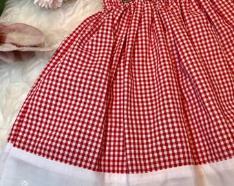 RED GINGHAM Handmade Skirt, White, Anglaise Trim, Girls, Summer Skirts